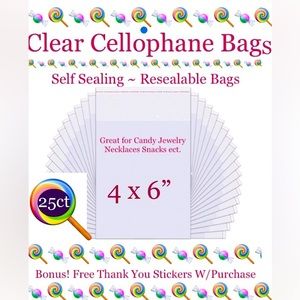 25ct-4x6” Clear Cello Bags w/Free Stickers 🍭🆕🍭Resealable Boutique Style Bags